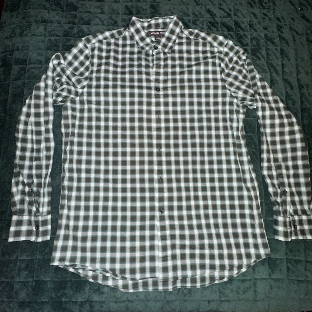 Michael Kors Button Down Shirt Large (L) Green And Black Check Work Classic - Picture 2 of 8